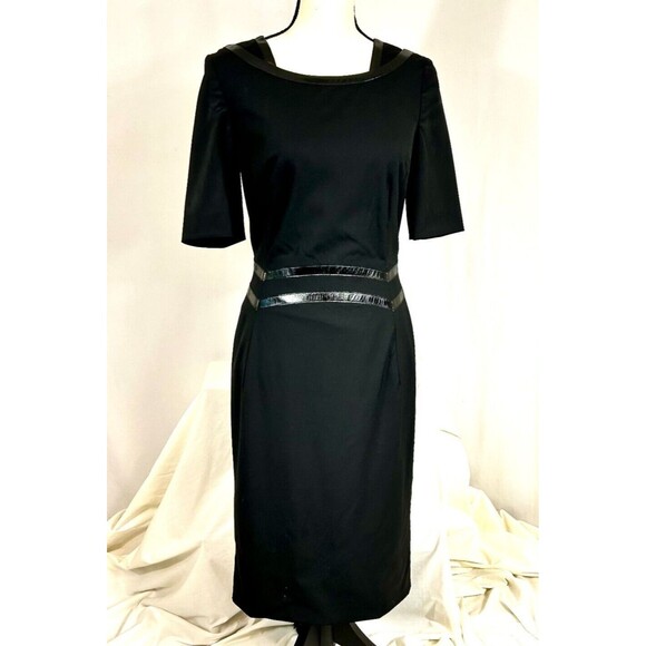 ESCADA Black Short Sleeve Shift/Sheath Dress w Black Patent Leather Trim - Sz 34 - Picture 1 of 15